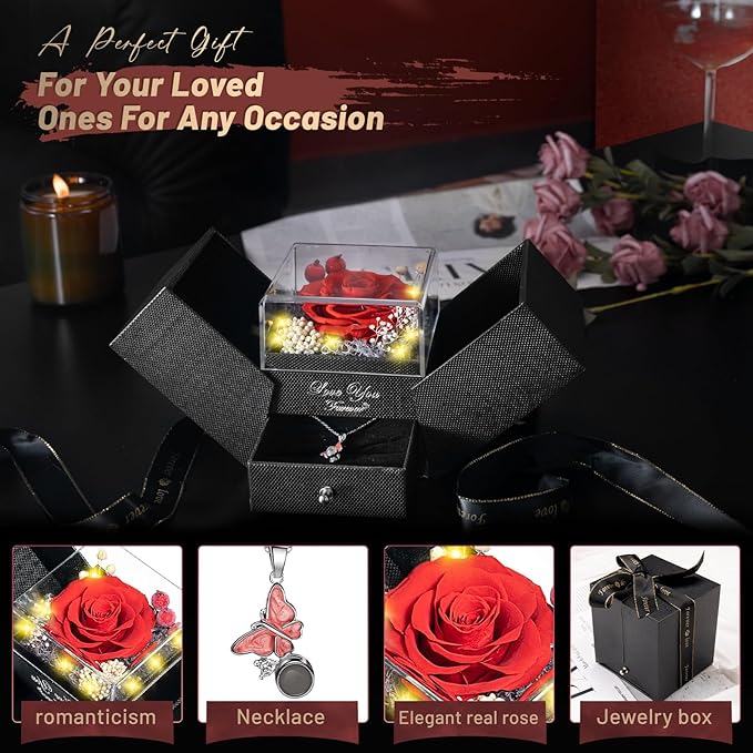 DRTINA Preserved Red Real Rose with I Love You Butterfly Necklace-Eternal Flowers Rose Birthday Gifts for Women Wife Mom Girlfriend Grandma on Mothers Day Valentines Anniversary Christmas Romantic