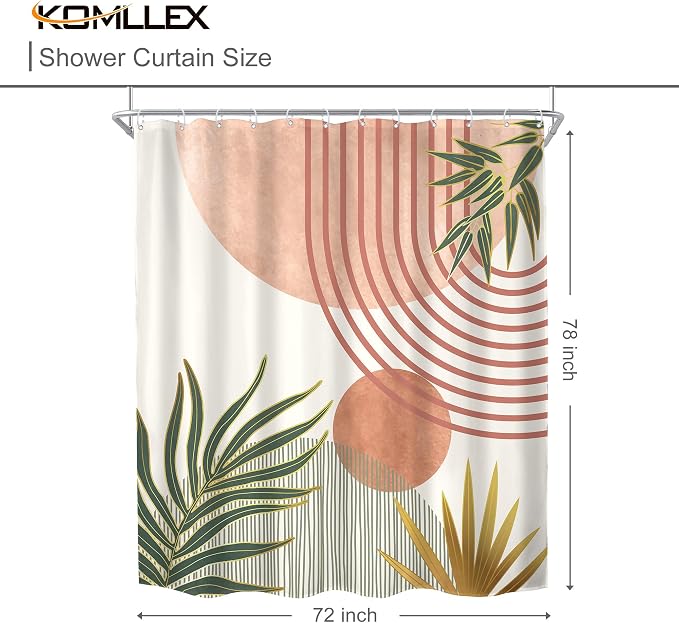 KOMLLEX Mid Century Pink Green Boho Shower Curtain for Bathroom Decor 72Wx78H Inches Abstract Modern Orange Gold Botanical Minimalist Arch Sun Fabric Waterproof Polyester 12 Pack Hooks Pack Hooks