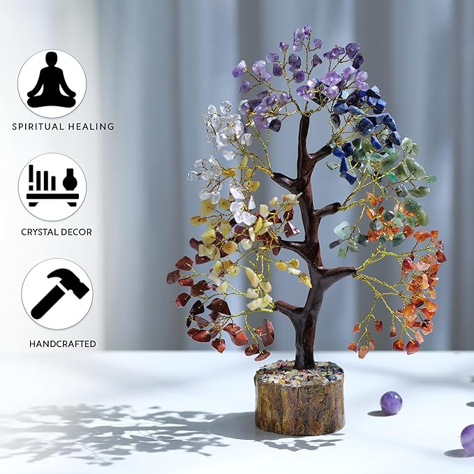YATHABI 7 Chakra Tree of Life Decor - Crystal Tree - Feng Shui Decor - Crystal Bonsai Tree - Gem Tree - Gemstone and Crystals - Spiritual Tree - Chakra Stones - Crystal Gifts - Birthday Gift for Women