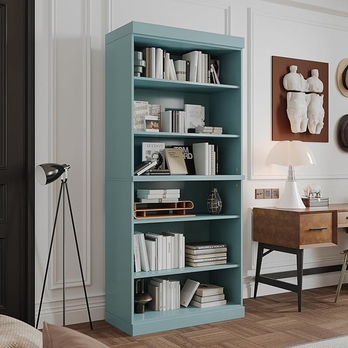 Palace Imports Solid Wood Bookcase - Stackable Modular 6-Tier Bookshelf - 71.5" Tall x 32" Wide - Aqua, Open Display Shelf for Living Room, Office, Renewable 100% Eco-Friendly Wood, Made in Brazil