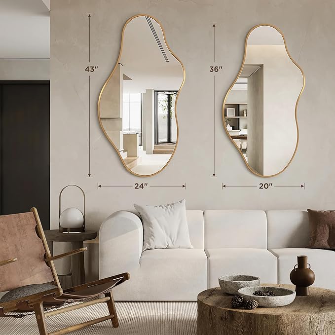 Dorlicecass Bathroom Mirrors for Over Sink - Long Wall Mirrors Decorative 20"x 36" Asymmetrical Abstract Aviation Aluminum Alloy Frame Unique for Bedroom, Living Room, Cloakroom, Entryway Gold