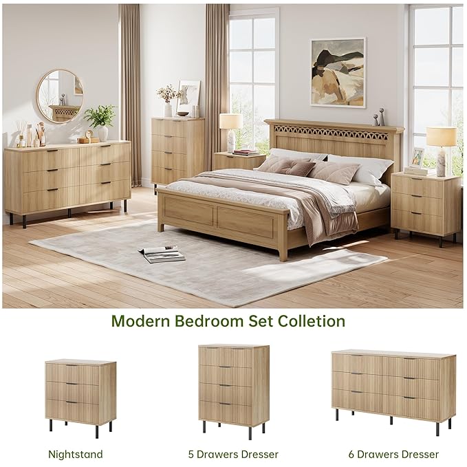 GarveeHome Oak Fluted 3 Drawers Dresser, Wide Wood Chest of Drawers, Modern Storage Dresser Chest of Drawers Organizer with Metal Legs and Anti-Tipping Device for Bedroom Living Room