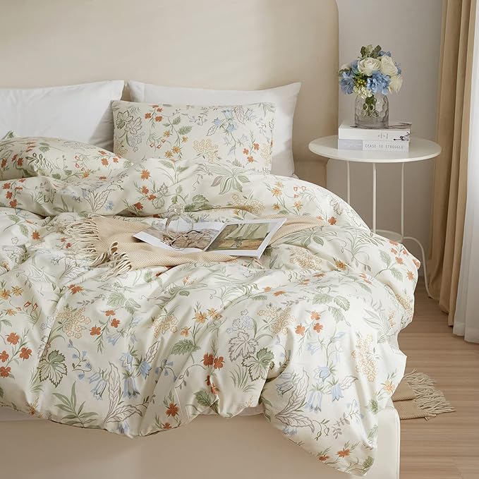 EAVD Reversible Vibrant Floral Duvet Cover Twin XL White Soft 100% Cotton Garden Floral Bedding Set with 2 Pillowcases Vintage Style Gorgeous Botanical Comforter Set with Zipper Closure