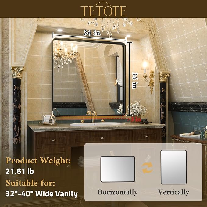 TETOTE Silver Bathroom Mirror, 36 x 36 Inch Wall Mounted Square Brushed Nickel Metal Framed Modern Farmhouse Decorative Vanity Mirror for Living Room Entryway
