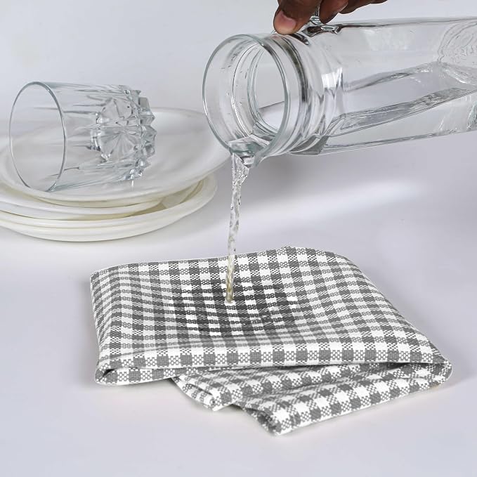4 Pack Gingham Check Kitchen Dish Towels 16x26 Inches, Absorbent & Durable, Washable, Hand Tea Towels with Hanging Loop - Ideal for Restaurants & Home Kitchens, Grey White