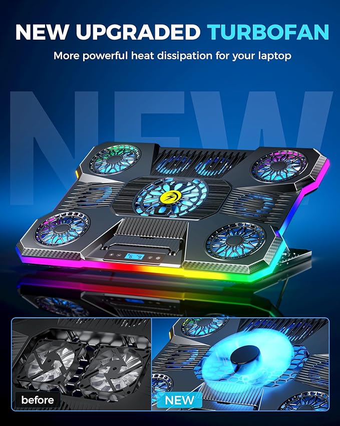 ChillCore Laptop Cooling Pad, RGB Lights Laptop Cooler 9 Fans for 15.6-19.3 Inch Laptops, Gaming Laptop Fan Cooling Pad with 8 Height Stands, 2 USB Ports - A21 Blue