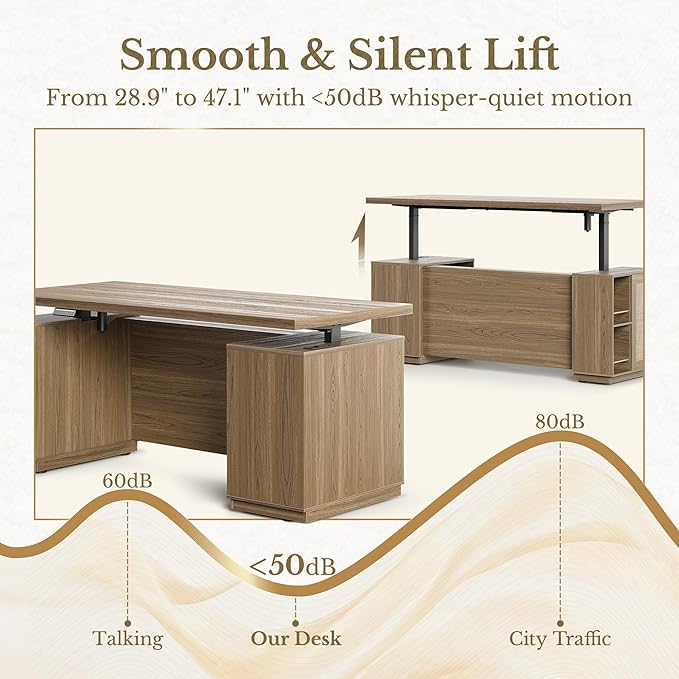 70" Standing Desk with Storage, Executive Electric Height Adjustable Stand Up Desk with AC/USB and Privacy Panel, Large One-Piece Destop, Rattan Computer Desk for Home Office, Natural Oak