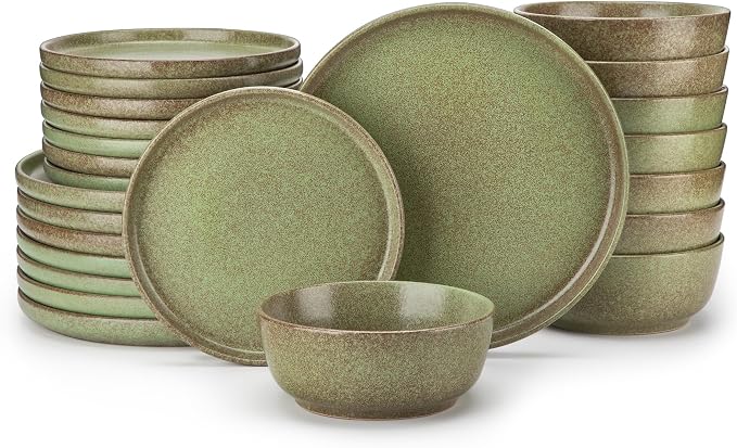 vancasso Plates and Bowls Sets, 24 Pieces Stoneware Dinnerware Set for 8, Ceramic Dish Set for Kitchen, Microwave and Dishwasher Safe, Mossy Green, Series ZERMATT