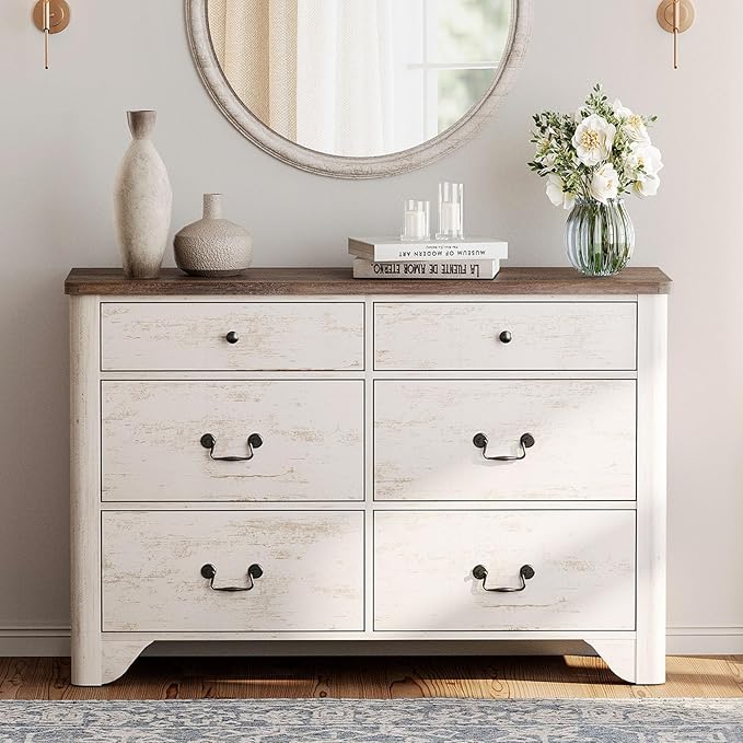 WAMPAT Farmhouse 6 Drawer Dresser for Bedroom, 47.2" White Dresser with Large Storage Drawers and Metal Handle, Wide Chest of Drawers with Solid Wood Legs, Wood Dressers for Bedroom, Closet, Hallway