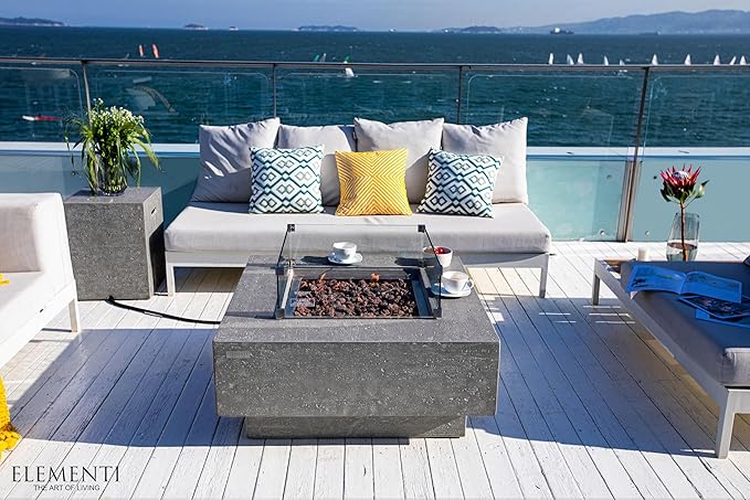 Elementi | Bundle Manhattan Gas Fire Pit Cast Concrete 36" Square Fire Table, Outdoor Fire Pit Electronic Ignition | Canvas Cover, Lava Rock Included | Light Gray (Propane Gas)