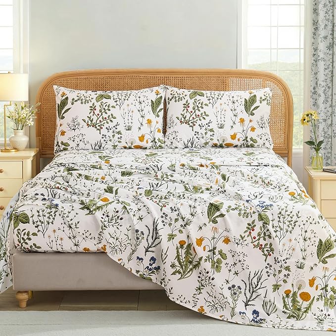 100% Cotton Sheet Set King Size – 4-Piece Vintage Green Floral Bedding Set, Soft Breathable Percale Weave, Deep Pocket Fitted Sheet 17.5", Crisp Cool Feel, Refined Botanical Elegance