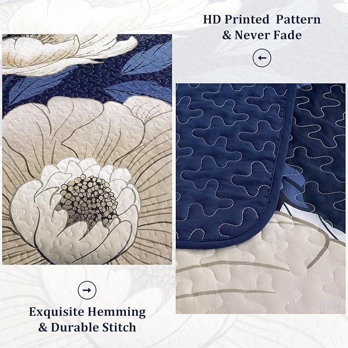 Dintszyayue Blue Quilt Set King, 3 Pieces Floral Bedspreads Lightweight Coverlet Set for All Seasons, Reversible Quilted Printed Bedding Set with 2 Pillow Shams