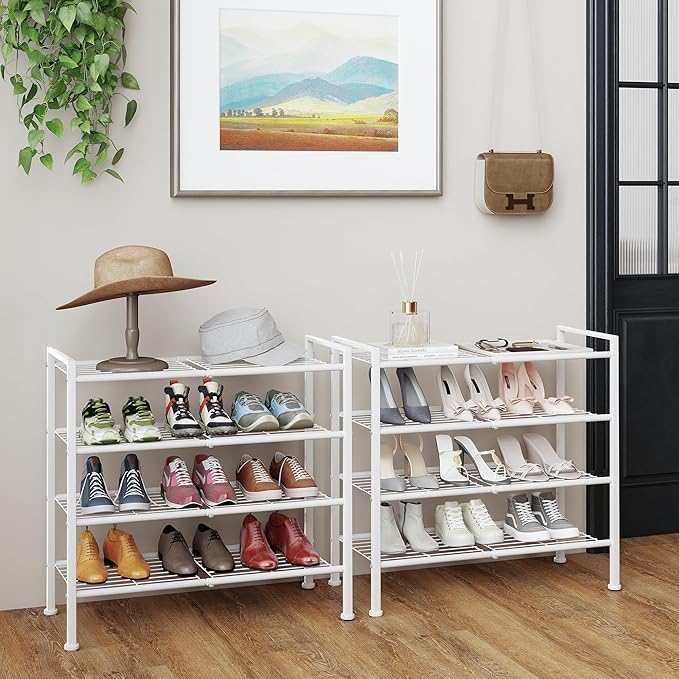 DongRong 4-Tier Shoe Rack,Metal White Shoe Storage Organizer Shelf for Closet,Entryway,Hallway,Dorm (White, 4 Tier)