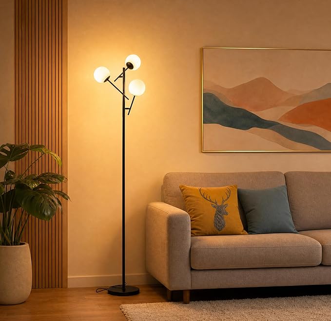 Fiqevs Mid Century Modern Floor Lamp -3 Adjustable Globe Lamps, Including LED Bulbs, Black Standing Light for Living Rooms bedrooms