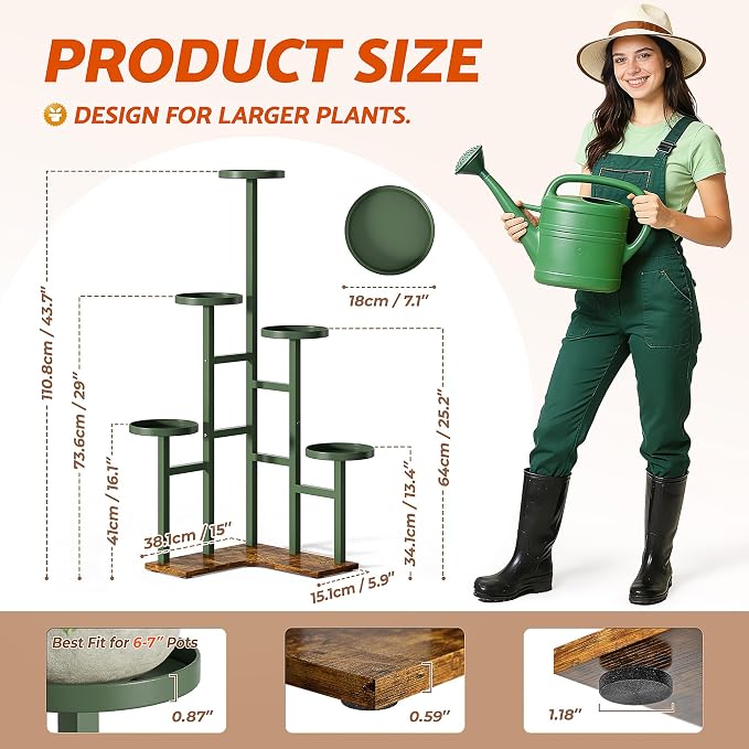 5 Tiered Plant Stand Indoor with 7.1 Inch Wide Tray, Corner Metal Stand Plant Outdoor Flower Holder Stand, Wood Tall Rack for Display Shelf for Patio Porch Office - GreenDisk