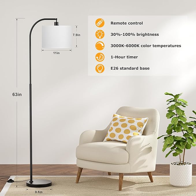 Ambimall Arc Floor Lamp with Remote and Stepless Dimmable Bulb, Colors Temperature & Brightness Adjustable, Floor Lamps for Living Room（White Shade & Black Pole）