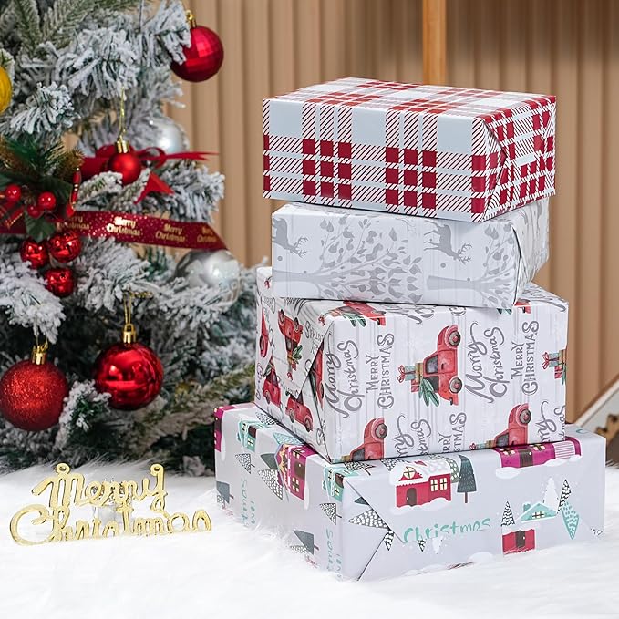 PlandRichW Christmas Wrapping Paper Folded 12 sheets for Kids Adults, 20 x 29 Inches Gift Wrap Paper Plaid, Barn, Red Truck, Moose, Woodland Scenes Designs