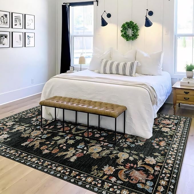 MUJOO 5x7 Area Rugs Washable,Black Floral Rugs for Living Room Bedroom Dining Room Playroom,Boho Indoor Floor Rug Large Non Slip Throw Carpet Low Pile Vintage