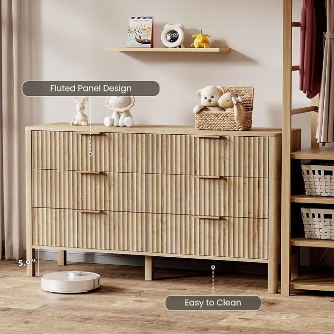 55" Wide Fluted 6 Drawer Dresser for Bedroom, Wooden Dresser Modern Chest of Drawers TV Stand Dressers with Organizer Storage for Bedroom, Living Room, Entryway, Hallway, Oak