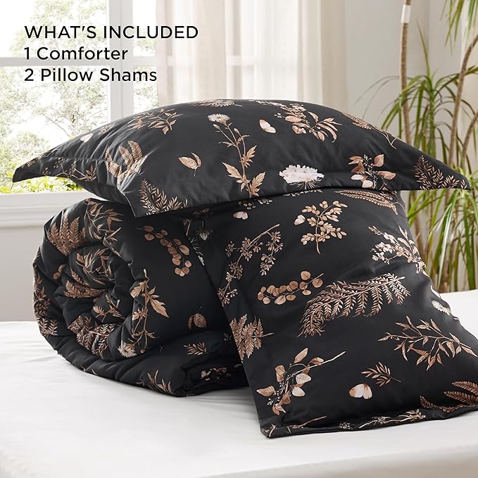 Bedsure Comforter Set Queen Size - Floral Bedding Comforter Set, 3 Pieces, 1 Soft Black Comforter and 2 Pillow Shams