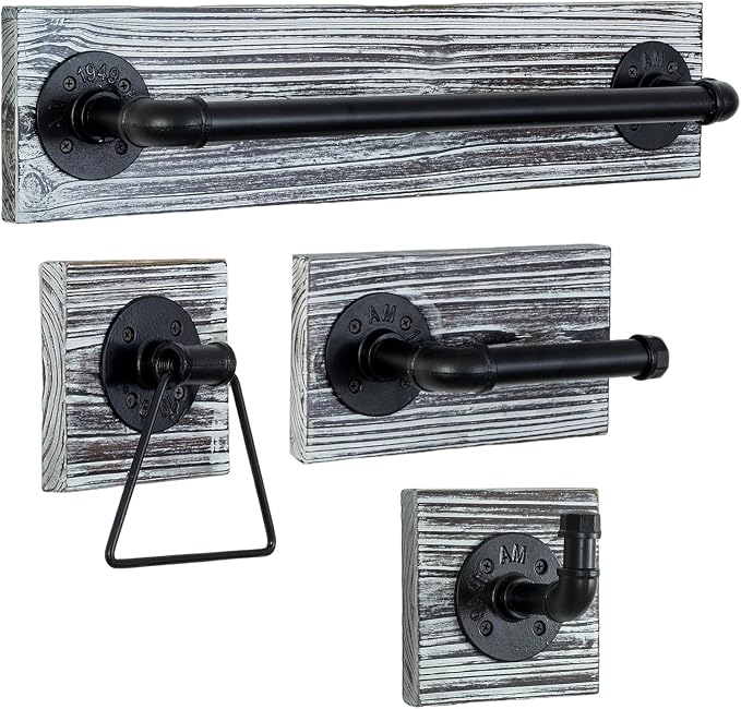 MyGift 4 Piece Wall Mounted Bathroom Hardware Set, Rustic Torched Wood and Industrial Matte Black Metal Pipe Towel Ring, Robe Hook, Toilet Paper Holder and Towel Bar