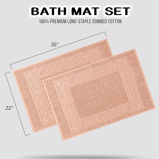 Superior Heavyweight Cotton Bath Mats, Bath Rugs For Bathroom Accessories, Washable Rug For Shower, Bath, Toilet, Modern Decor, No Backing, Luxury Hotel And Spa Quality, Set of 2, 22" x 35", Peach