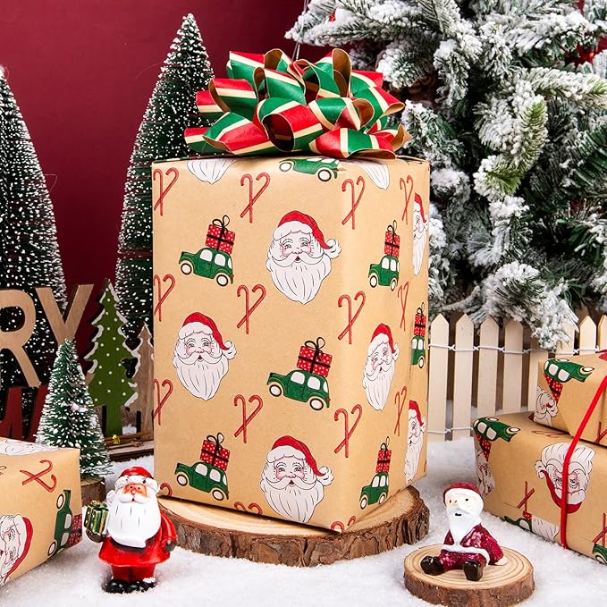 Yarcony Kraft Christmas Wrapping Paper Roll, Brown Vintage Santa Wrapping Paper, Funny Santa, Truck & Candy Cane Pattern Thick Christmas Gift Wrap for Holiday Gift Packaging (17 Inch X 33 Feet)