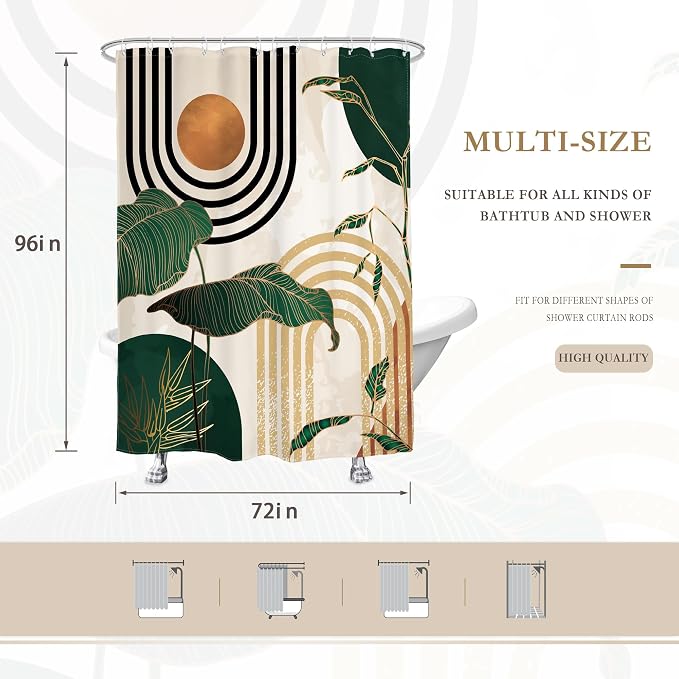 Glawry Green Boho Mid Century Shower Curtain Extra Long Abstract Retro Tropical Palm Tree Plant Sun Arch Minimalist Bathroom Modern 72Wx96L Inches Bath Accessories Art Home Decor Fabric 12 Pack Hooks