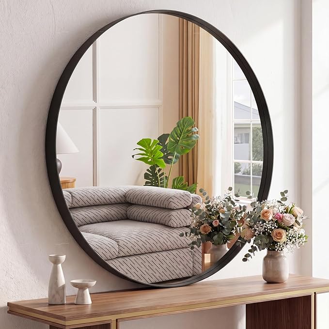 Sweetcrispy Bathroom Round Mirrors for Over Sink, 30 Inch Wall Circle Mirror with Matte Metal Frame, Modern Wall Mount Vanity Mirror for Home Decor, Living Room, Bedroom, Black