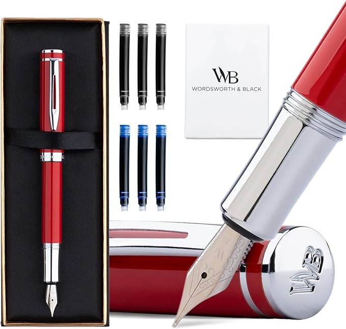 Wordsworth and Black Fountain Pen Mini EDC: Luxury Red Heavy Pocket Pen, Chrome Finish, Medium Nib, 6 Ink Cartridges, Ink Converter, Travel Refillable Writing Pen Gift Set, Men & Women