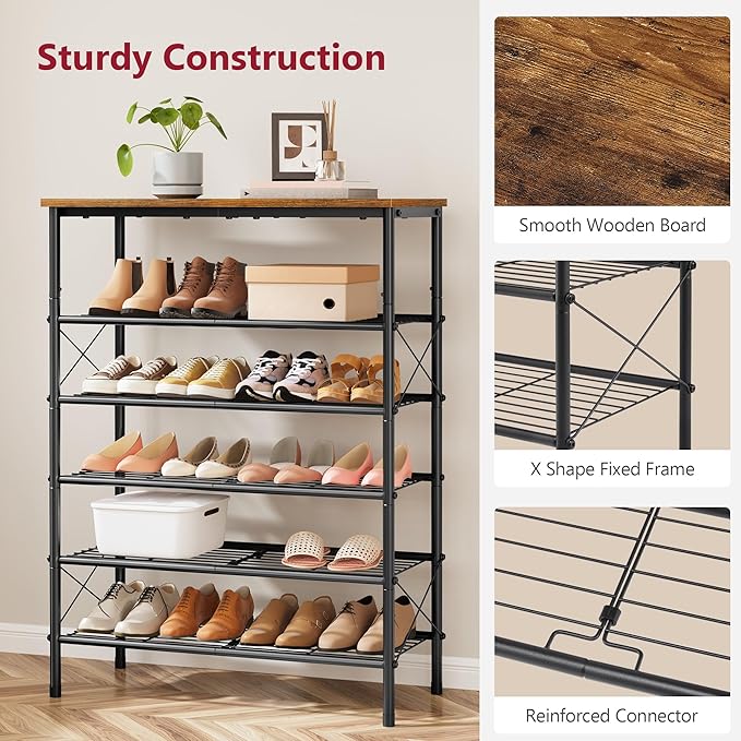 Tajsoon 6 Tier Free Standing Shoe Rack for 20-24 Pairs, X Shape Fixed Frame Metal Mesh Shoe Rack for Closet, Rustic Brown & Black