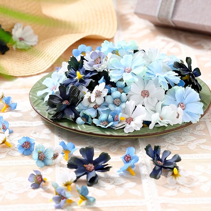 Geosar 120 Pcs Small Flowers for Crafts Mini Faux Flowers Artificial Silk Fabric Floral Arrangement Decor for DIY Wreath Bouquets Wedding Shower Home Decor(Blue,Fresh Style)