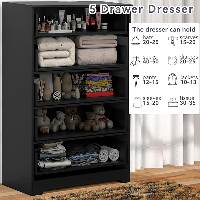 Dresser for Bedroom with Power Outlets Wood 5 Drawer Dresser with Large Storage Space Black Chest of Drawers with Smooth Metal Rail Tall Storage Organizer for Bedroom Living Room Closet