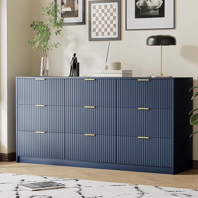 Blue Dresser for Bedroom, Modern Dresser with 9 Drawers and Smooth Slides, Wide Chest of Drawers with Golden Handles for Bedroom, Living Room, Closet, 15.7" D x 63" W x 31.5" H