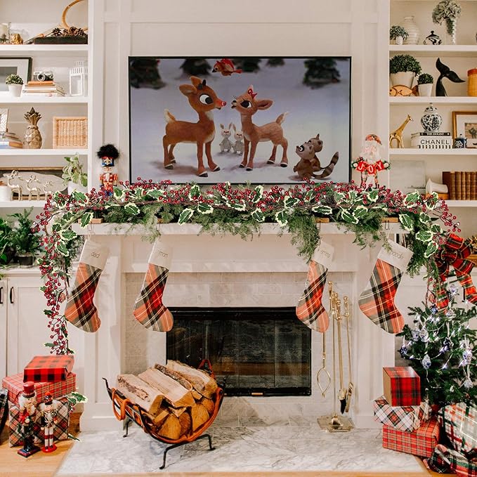 DearHouse 7FT Red Berry Christmas Garland with Pine Cone Garland Artificail Garland Indoor Outdoor Garden Gate Home Decoration for Winter Holiday New Year Decor