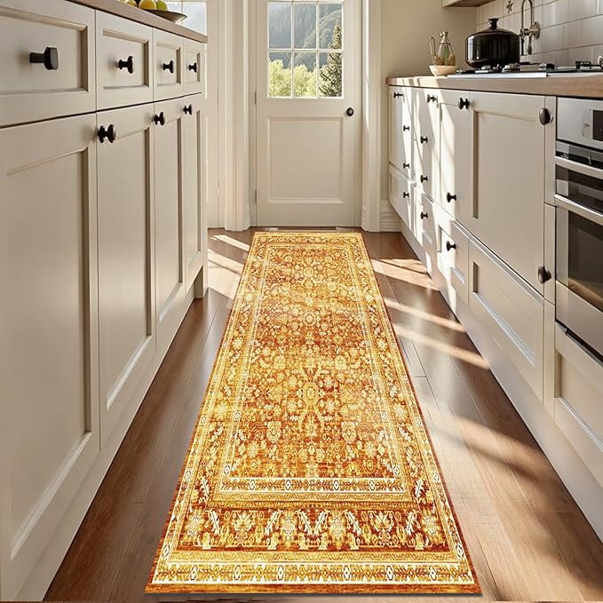 OPPODREAM Vintage Orange 2x12 Runner Rug, 2 x 12 Retro Washable Rug Non Slip, Low-Pile Faux Wool Carpet, Distressed Floor Mat for Kitchen, Hallway, Entry-Way, Entrance, Indoor Back Door