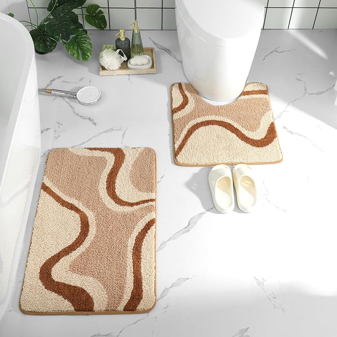 U Shape Striped Wavy Bath Mat - Super Absorbent, Soft and Thick, Rubber Backing Non-Slip, Machine Washable Shower Rug, Bath Mat, Bathroom Home Decor Accessories, 20"x22" (50x55cm)
