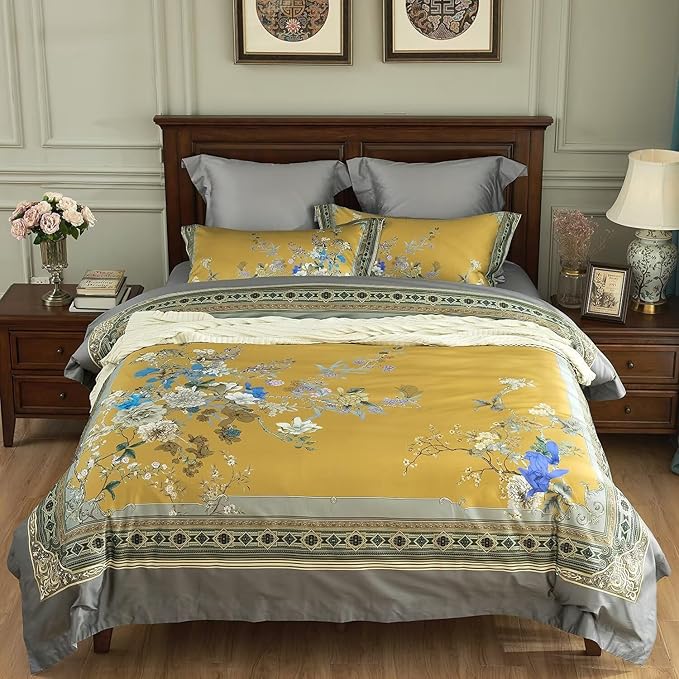 mixinni King Size Duvet Cover Set - 3PC Garden Style Long Staple Cotton Golden Floral Bedding, Chinoiserie Chic Botanical Print, Reversible Design, Zipper Closure, Soft & Breathable for Him & Her