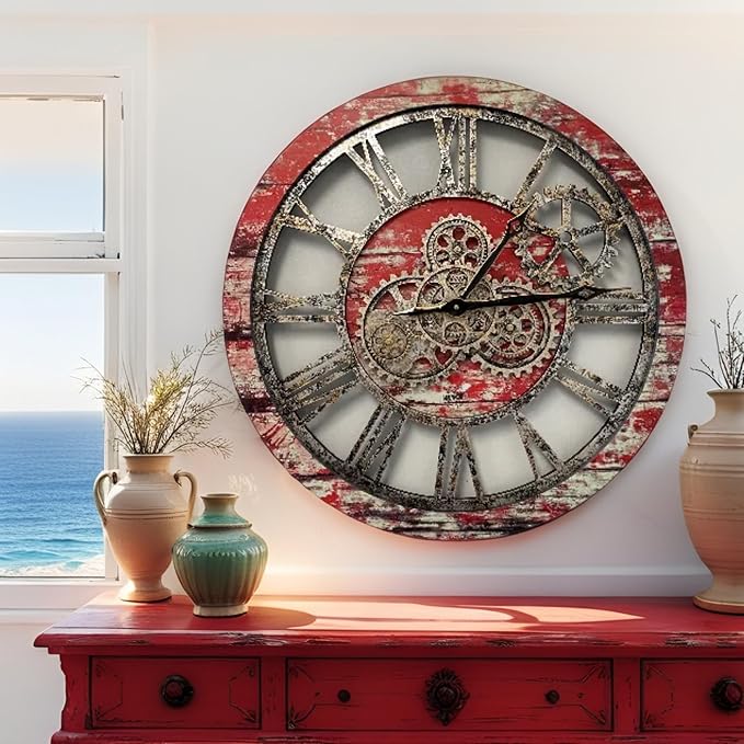 ImprovingLife The Gears Clock The Original Real Moving Gear Wall Clock Vintage Industrial Oversized Rustic Farmhouse (24 inch (60cm),Red Lava)