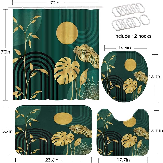 Boho Green Shower Curtain Set with Toilet Lid Cover and Non-Slip Rugs, Tropical Botanical Abstract Green Gold 4 Pcs Modern Minimalist Vintage Shower Curtain for Bathroom Set with 12 Hooks