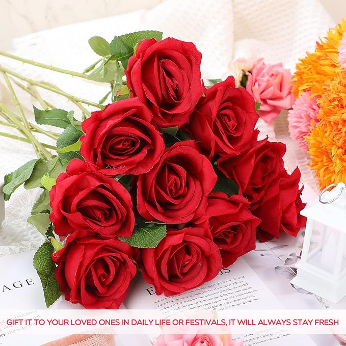 Jexine 50 Pcs Artificial Rose Flower Bulk Realistic Silk Fake Roses with Long Stem Plastic Artificial Flower Bouquet Real Looking for Home Wedding Centerpieces Party Decoration(Red)