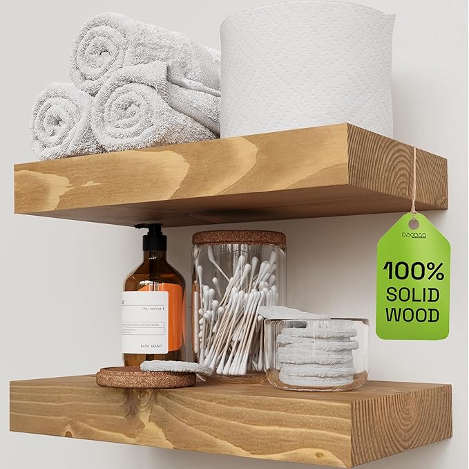 BAOBAB WORKSHOP Natural Wood Floating Shelves for Wall 12 Inch Wide, Small Wooden Shelf 12 in, Bathroom Shelves for Room Wall Mounted Kitchen Rustic, Oak Floating Shelf, 12W × 6.7D, Set of 2