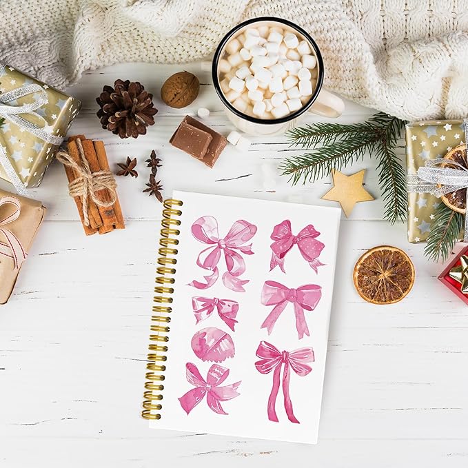 JKBMN Trendy Coquette Pink Bow Notebook Journal, Preppy Watercolor Bows Spiral Notebook, Cute Journaling Notebooks for Girls, Pink Office Supplies, Hardcover Spiral Notebooks College Ruled 5.5 x 8.3