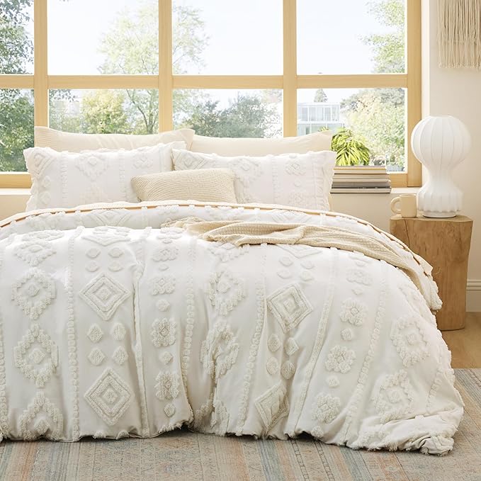 Bedsure Boho Duvet Cover Queen Size - White Tufted Boho Bedding, Farmhouse Shabby Chic Embroidery Bedding for All Seasons, 3 Pieces, 1 Soft Jacquard Queen Comforter Cover and 2 Pillow Shams