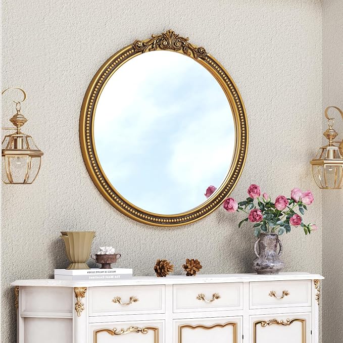 CozyDH Retro Gold Round Wall Mirror Decor - 24x24 inch Ornate Baroque Style Beaded Soli Wood Frame - Vintage Home Decor for Entryway, Foyer, Fireplace, Living Room, Hallway