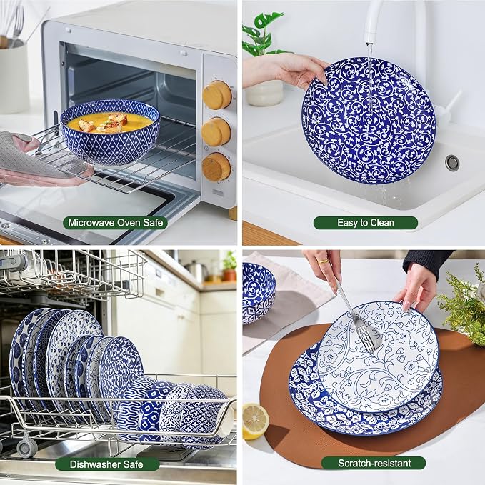 Selamica Ceramic Plates and Bowls Sets,32 Pieces Dinnerware Sets for 8,Scratch Resistant Dish Set for family gathering,Dishwasher & Microwave Safe, Vintage Blue