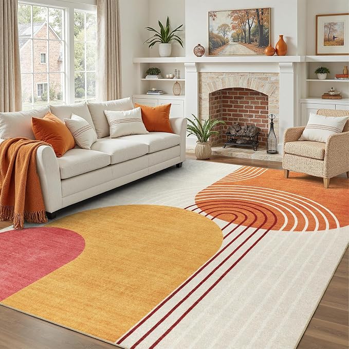 DCX Abstract Machine Washable 9x12 Rug, Mid Century Modern Rug for Living Room, Soft Low Pile Non Slip Carpet, Kid & Pet Friendly Stain Resistant Rug for Bedroom Dining Room Office, Orange & Yellow