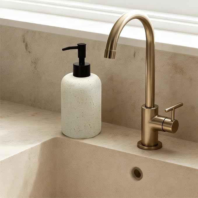 13.5 oz Bathroom & Kitchen Countertop Soap Dispenser, Travertine-Look Durable Resin Bottle with ABS Pump (White)