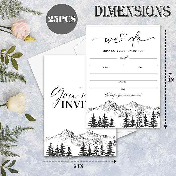 Mountain Wedding Invitations, 5"x 7" Minimalism Wedding Invites Card With Envelopes, 25 PCS for Party Decorations and Supplies - A09
