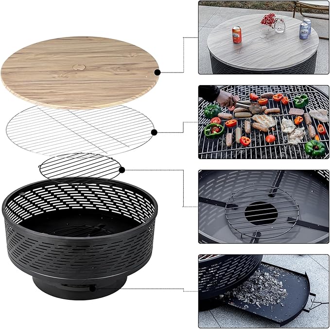 OutVue 32" Wood Burning Fire Pits with Grill & Lid, Fire Pit Table for Outside with Waterproof Cover & Fire Poker, Outdoor Firepit with Functions for BBQ,Table and Bonfire